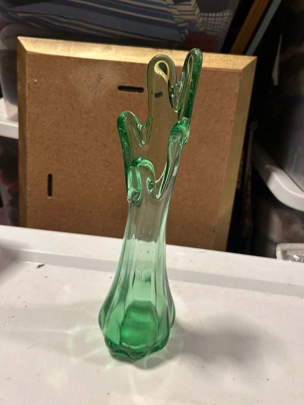 Vintage MCM Emerald Green Five Finger Swung Glass Vase 10”